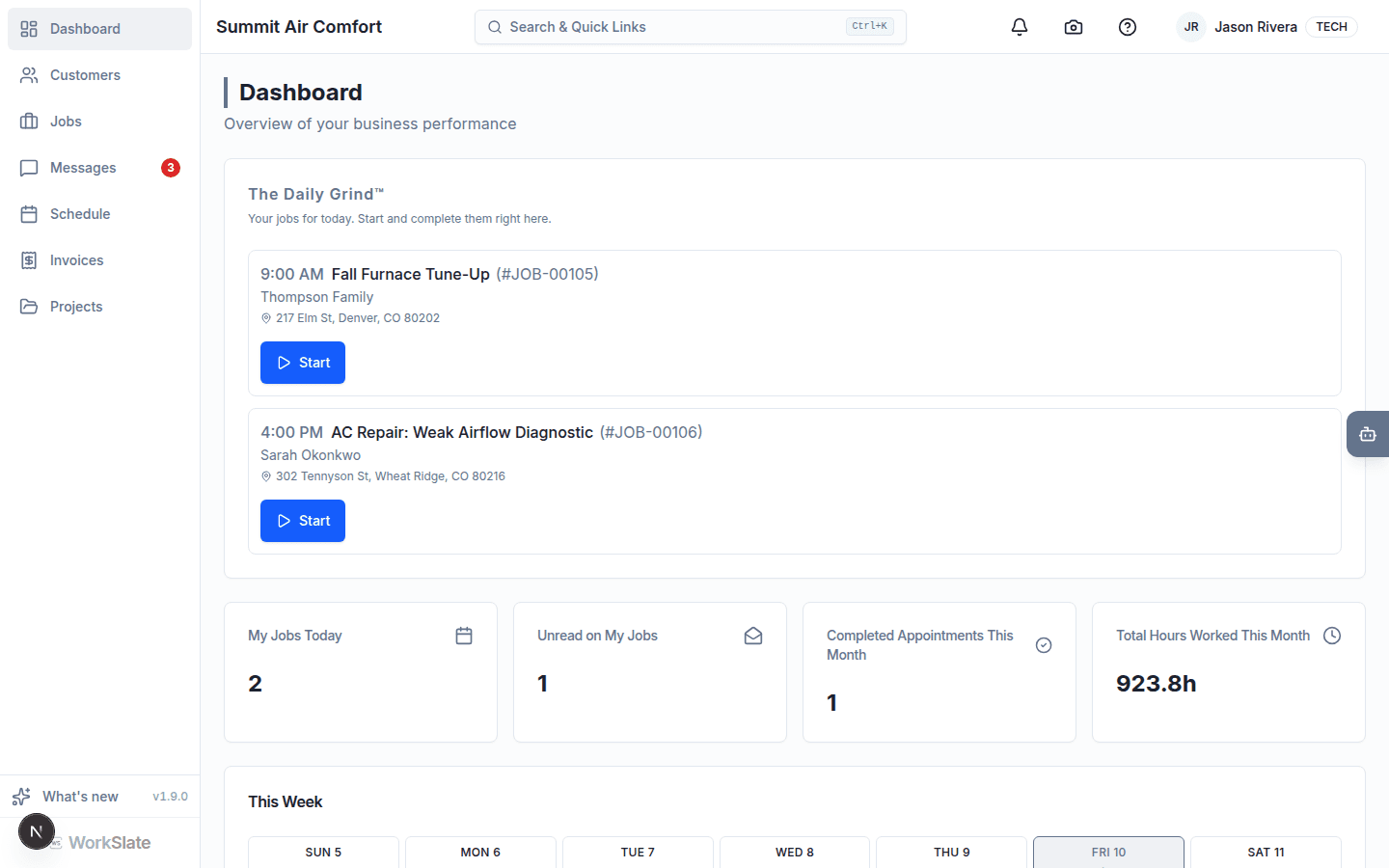 WorkSlate technician dashboard showing The Daily Grind, today's jobs in time order with Start actions